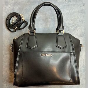 004-Steve Madden gold studded black vegan leather satchel W/ Crossbody Strap